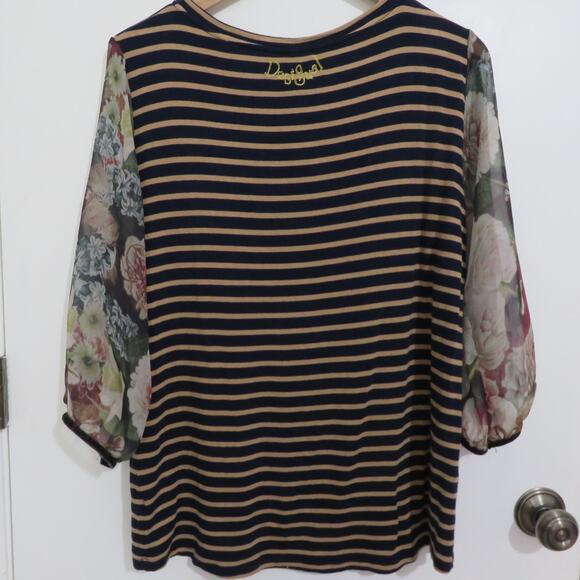 Desigual Womens Sz XXL Navy Tan Striped Floral Mesh Sleeve Top Mixed Fabrics - Picture 2 of 8